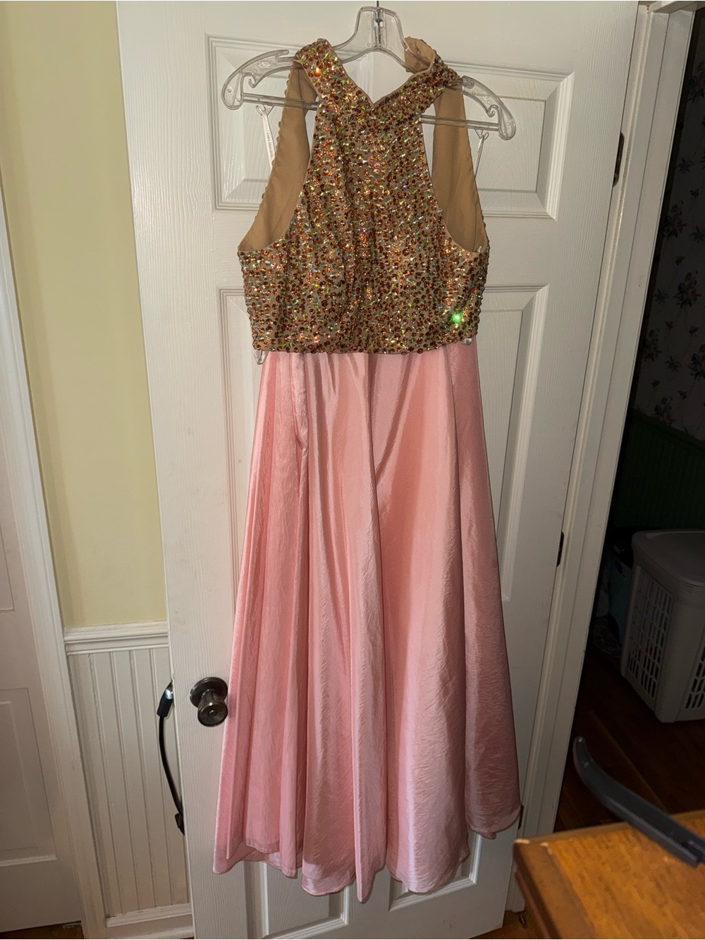 Sherri Hill Pink Gown with Gold Sequin Halter Bodice